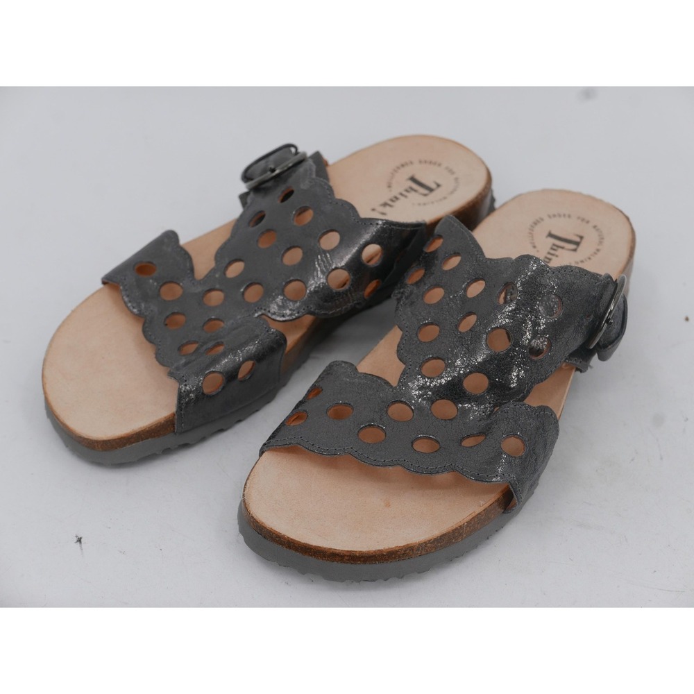 Think! Sandals Gray Leather Slide Scalloped Adjustable Wedge Women's Size 10